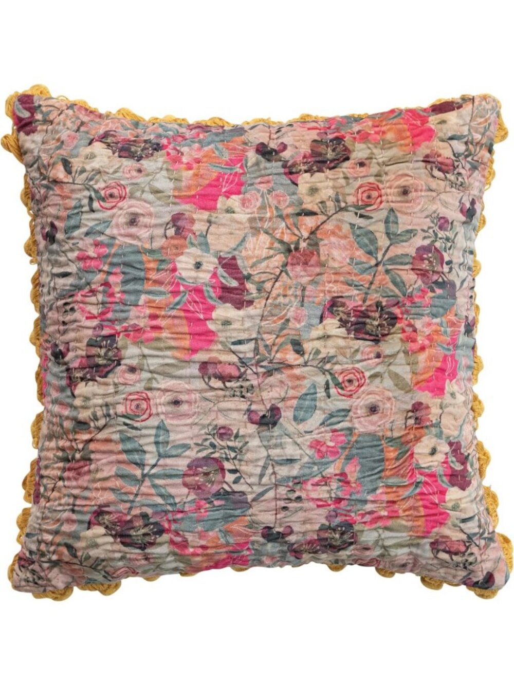 Multicolor Velvet Printed Square Pillow with Kantha Stitch & Pom Poms, Cozy